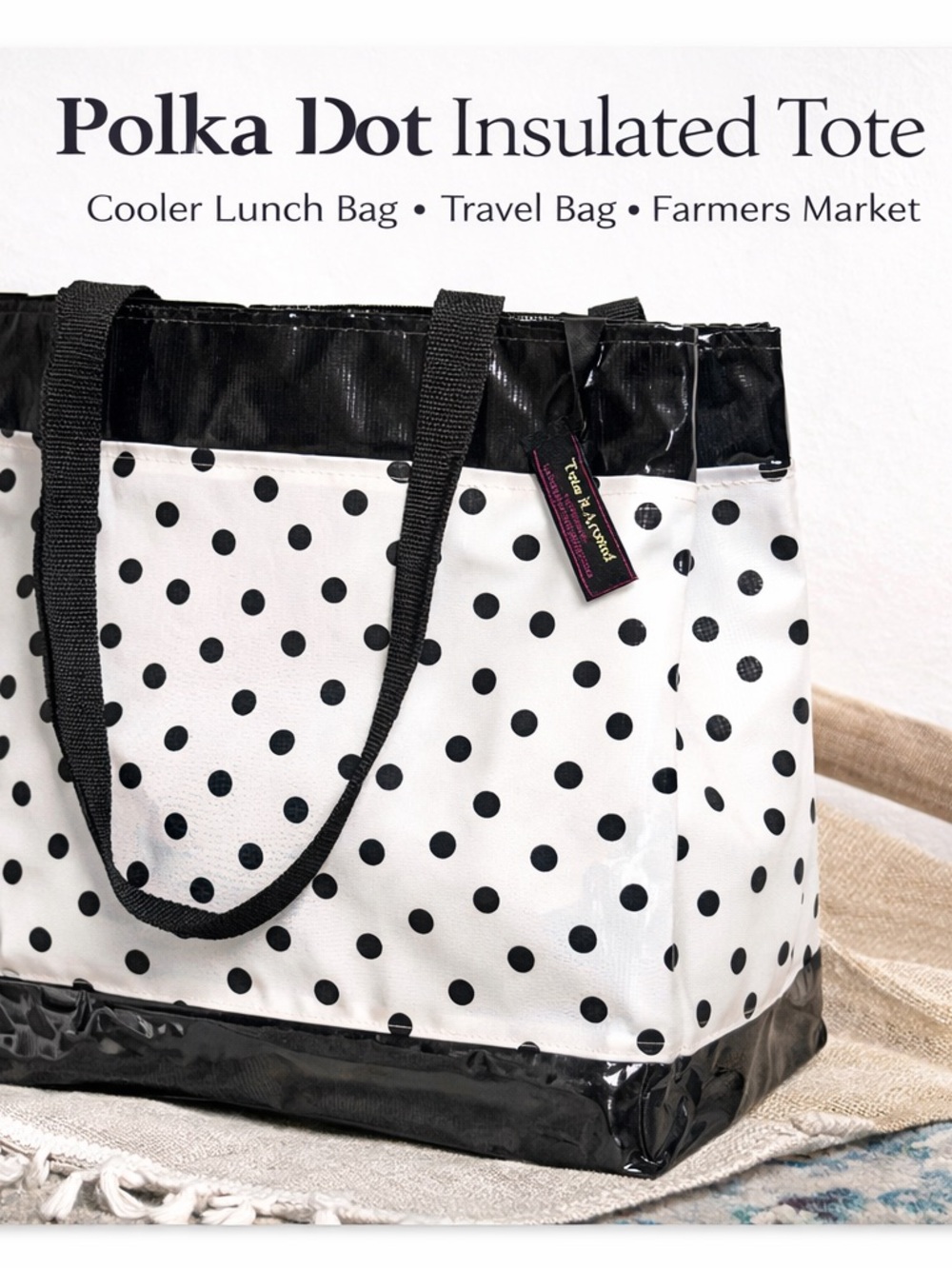 Insulated Polka Dot Tote Bag - Black & White
